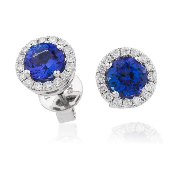 Round Blue Tanzanite and Diamond Cluster Earrings