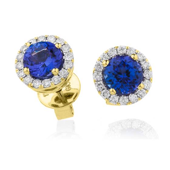 Round Blue Tanzanite and Diamond Cluster Earrings