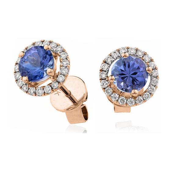 Round Blue Tanzanite and Diamond Cluster Earrings