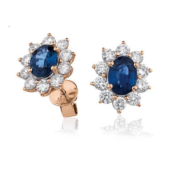 Oval Blue Sapphire and Diamond Cluster Earrings