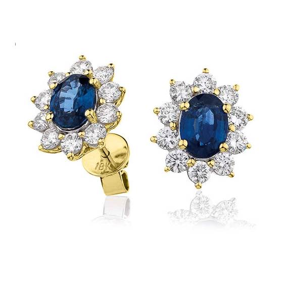 Oval Blue Sapphire and Diamond Cluster Earrings