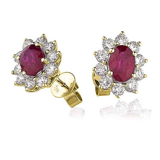 Oval Ruby and Diamond Cluster Earrings