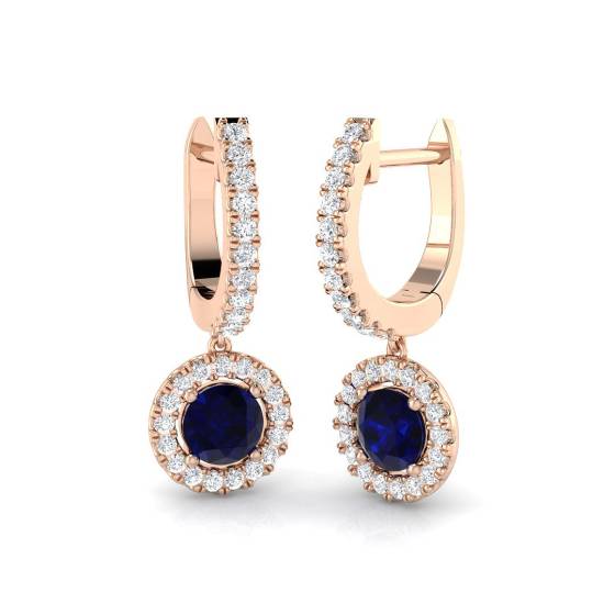 Round Blue Sapphire and Round Diamond Halo Drop Earrings