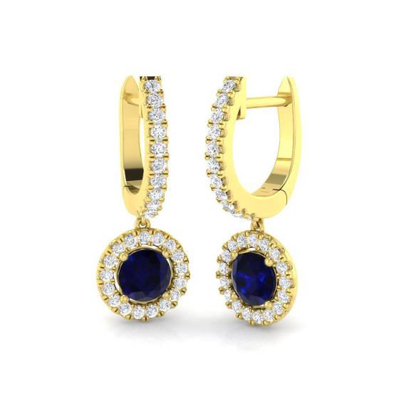 Round Blue Sapphire and Round Diamond Halo Drop Earrings