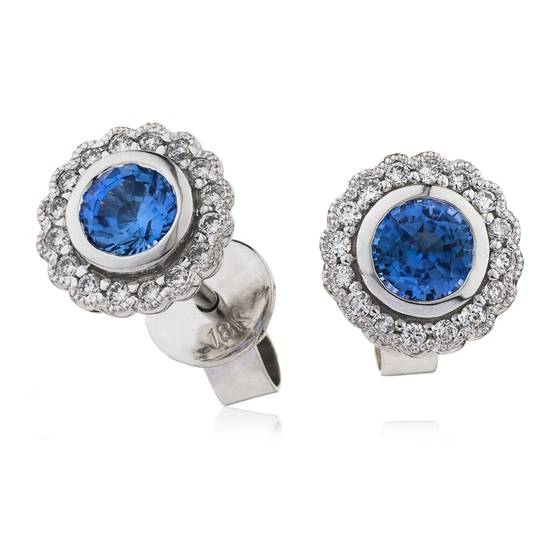 Round Blue Sapphire and Diamond Cluster Earrings