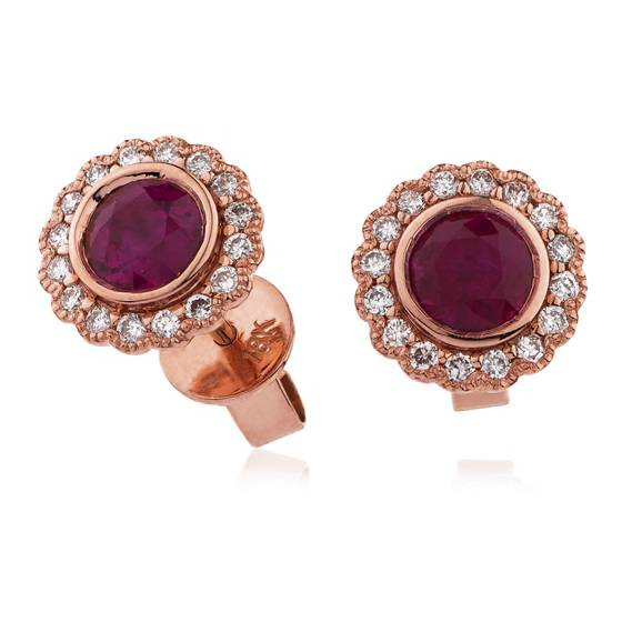 Round Ruby and Diamond Bezel Set Cluster Earrings