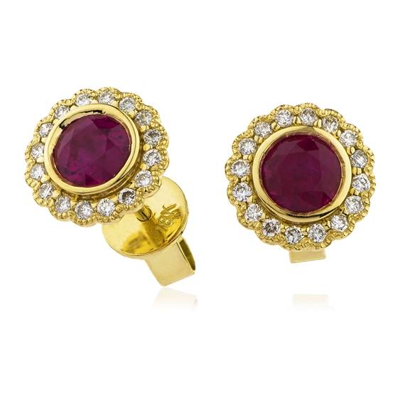 Round Ruby and Diamond Bezel Set Cluster Earrings