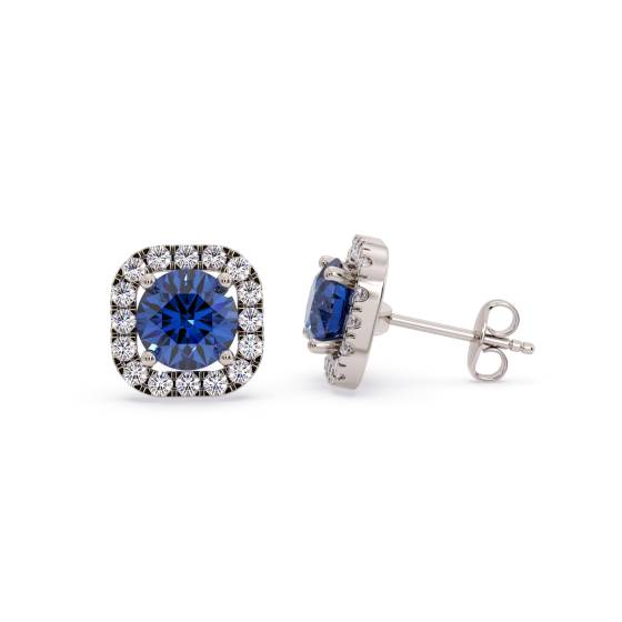 Round Blue Sapphire and Diamond Cluster Earrings