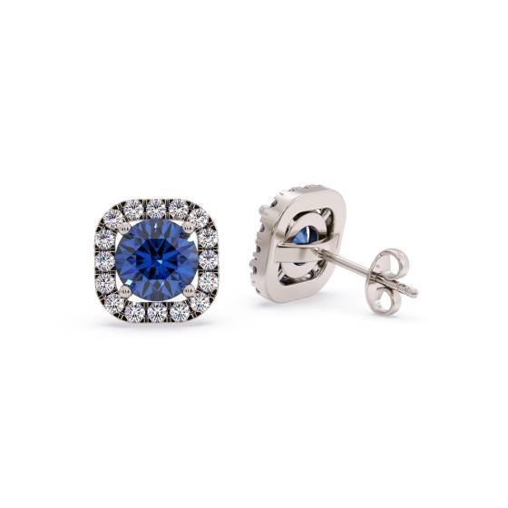 Round Blue Sapphire and Diamond Cluster Earrings