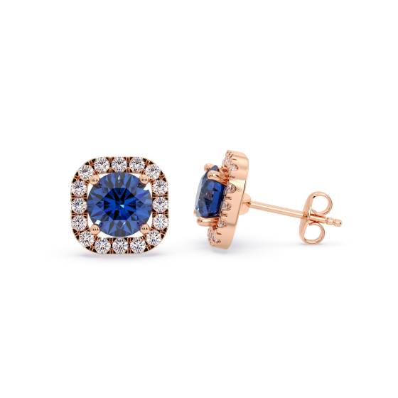Round Blue Sapphire and Diamond Cluster Earrings