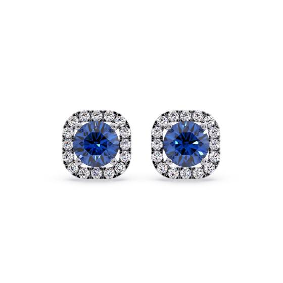 Round Blue Sapphire and Diamond Cluster Earrings
