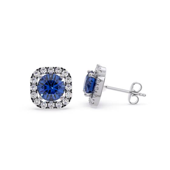 Round Blue Sapphire and Diamond Cluster Earrings