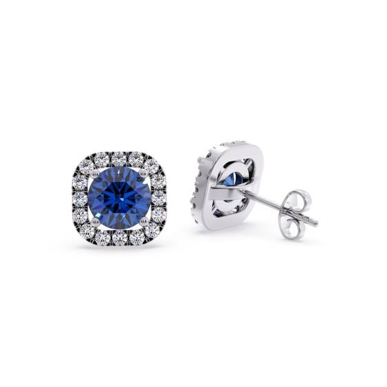 Round Blue Sapphire and Diamond Cluster Earrings