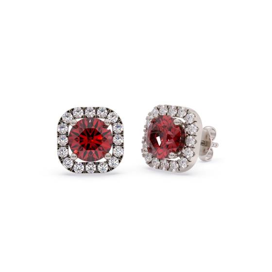 Round Ruby and Diamond Cluster Earrings