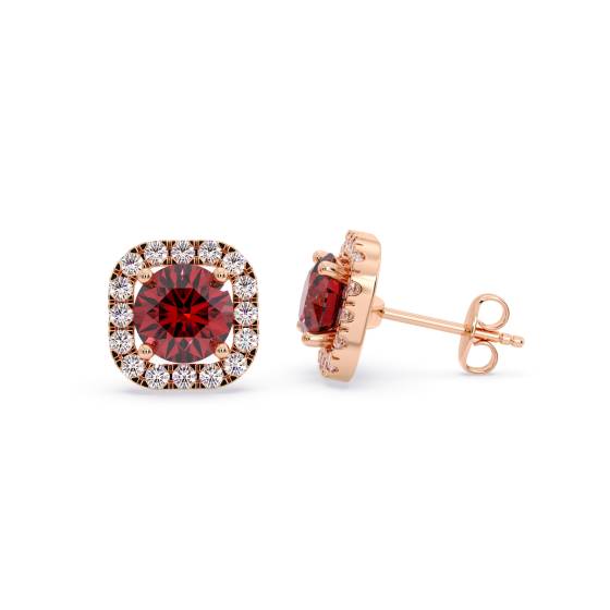 Round Ruby and Diamond Cluster Earrings