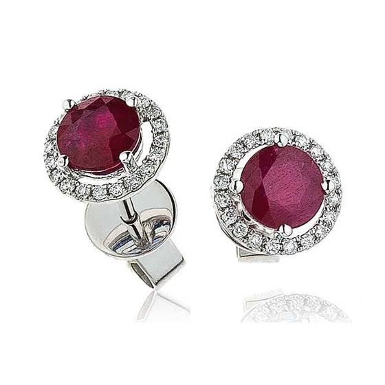 Round Ruby and Diamond Cluster Earrings