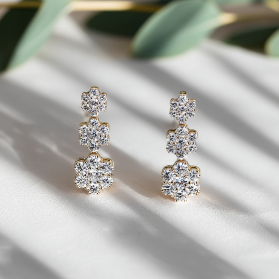 Modern Round Diamond Cluster Drop Earrings