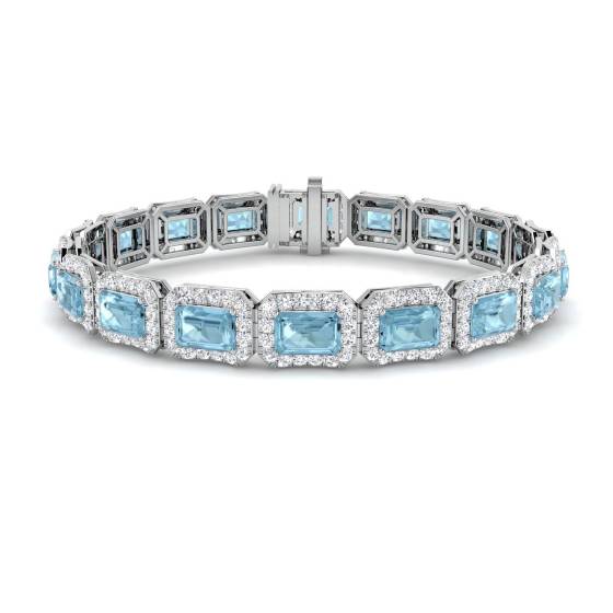 13.50ct VS/E-F Emerald Cut Aquamarine and Round Diamond Bracelet
