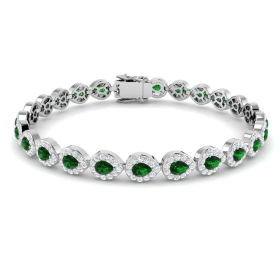 5.75ct VS/E-F Pear Cut Emerald and Round Diamond Halo Bracelet