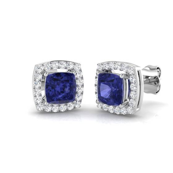 1.45ct VS/E-F Cushion Tanzanite and Round Diamond Halo Earrings