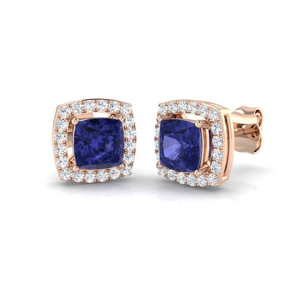 1.45ct VS/E-F Cushion Tanzanite and Round Diamond Halo Earrings