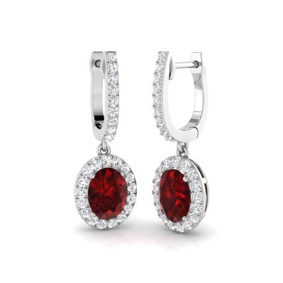 Oval Ruby Gemstone with Round Diamond Halo Drop Earrings