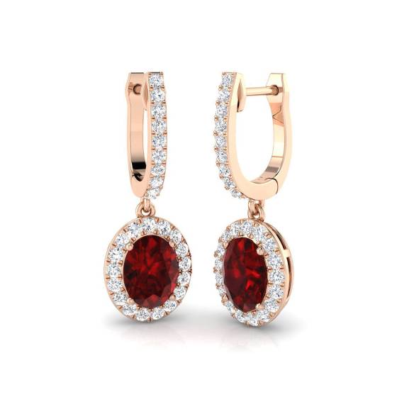 Oval Ruby Gemstone with Round Diamond Halo Drop Earrings