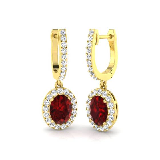 Oval Ruby Gemstone with Round Diamond Halo Drop Earrings