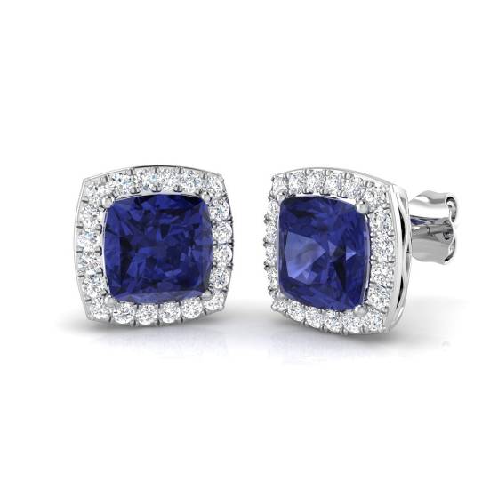 4.00ct VS/E-F Cushion Tanzanite and Round Diamond Halo Earrings