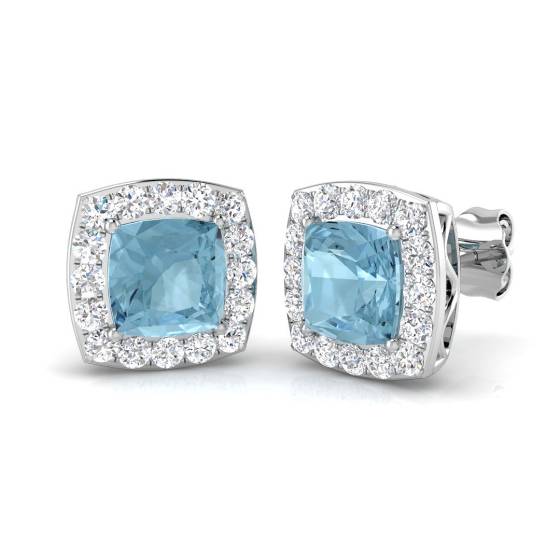 Cushion Aquamarine and Round Diamond Halo Earrings