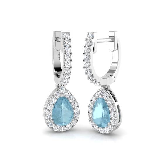 Pear Aquamarine and Round Diamond Halo Drop Earrings