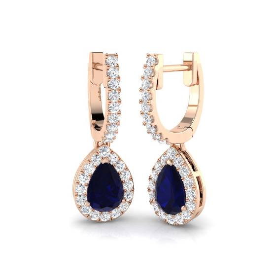 Pear Sapphire and Round Diamond Halo Drop Earrings