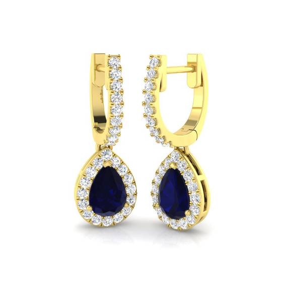 Pear Sapphire and Round Diamond Halo Drop Earrings