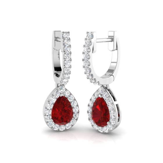 Pear Ruby Gemstone and Round Diamond Halo Drop Earrings