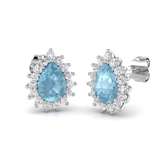 Pear Aquamarine and Round Diamond Halo Earrings