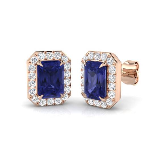 4.00ct VS/E-F Emerald Tanzanite and Round Diamond Halo Earrings