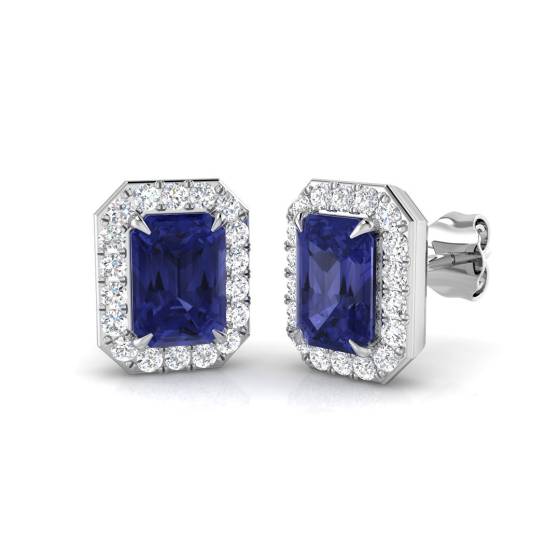 4.00ct VS/E-F Emerald Tanzanite and Round Diamond Halo Earrings