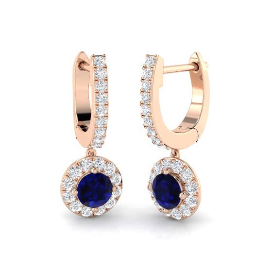 Round Blue Sapphire and Round Diamond Halo Drop Earrings