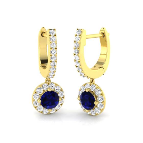Round Blue Sapphire and Round Diamond Halo Drop Earrings