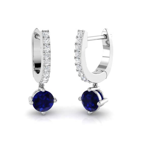 Round Blue Sapphire and Round Diamond Drop Earrings