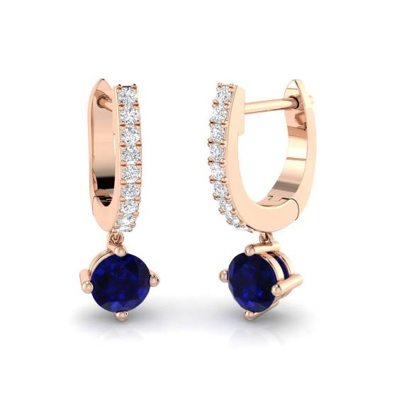 Round Blue Sapphire and Round Diamond Drop Earrings