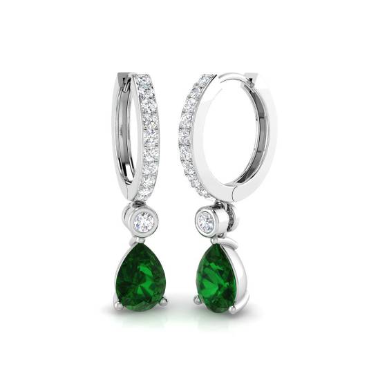 Pear cut Green Emerald and Round Diamond Drop Earrings