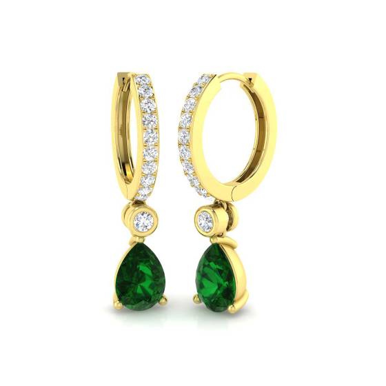 Pear cut Green Emerald and Round Diamond Drop Earrings