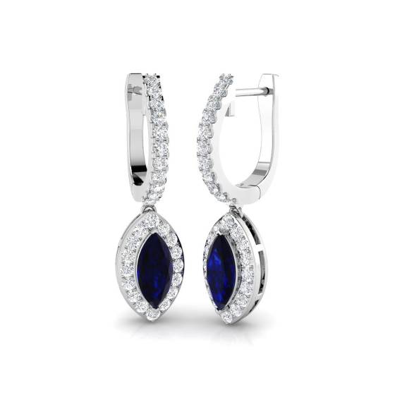 Blue Sapphire Marquise and Round Diamond Halo Drop Earrings