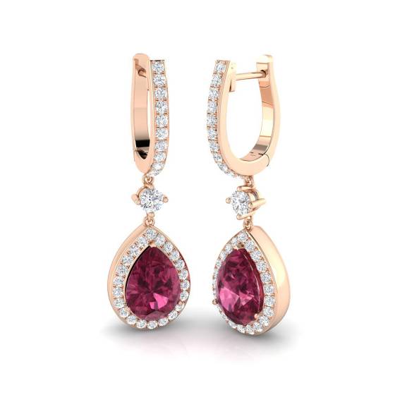 Pear Tourmaline Gemstone and Round Diamond Halo Drop Earrings