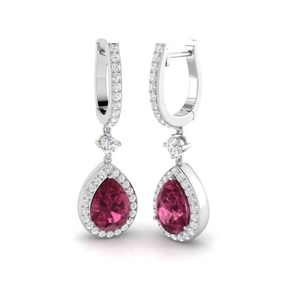 Pear Tourmaline Gemstone and Round Diamond Halo Drop Earrings