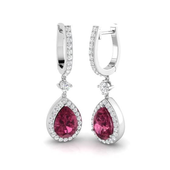 Pear Tourmaline Gemstone and Round Diamond Halo Drop Earrings