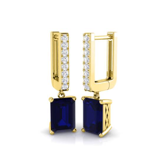 Blue Sapphire Emerald and Round Diamond Drop Earrings