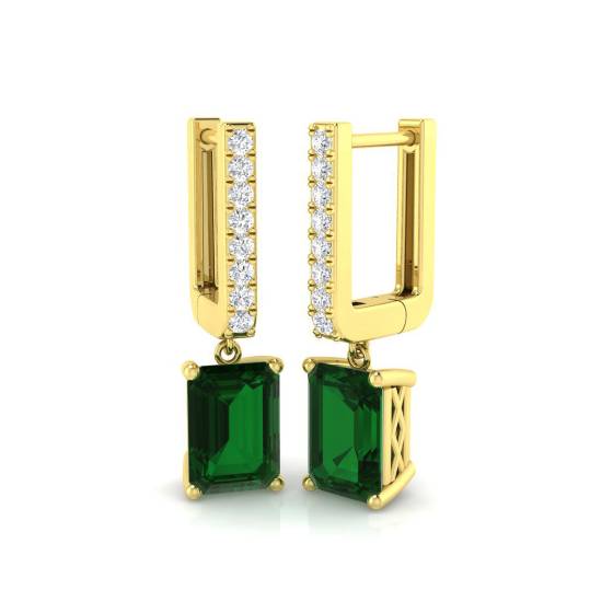 Green Emerald Gemstone and Round Diamond Drop Earrings