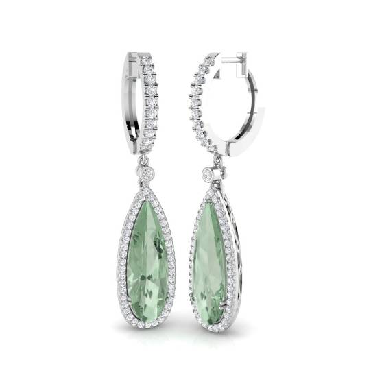 Pear Green Amethyst and Round diamond Halo Drop Earrings